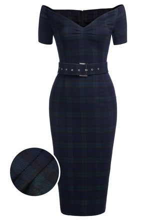 Navy 1960s Plaids Bodycon Dress, classic 1960s style elegant retro fashion - Image 1