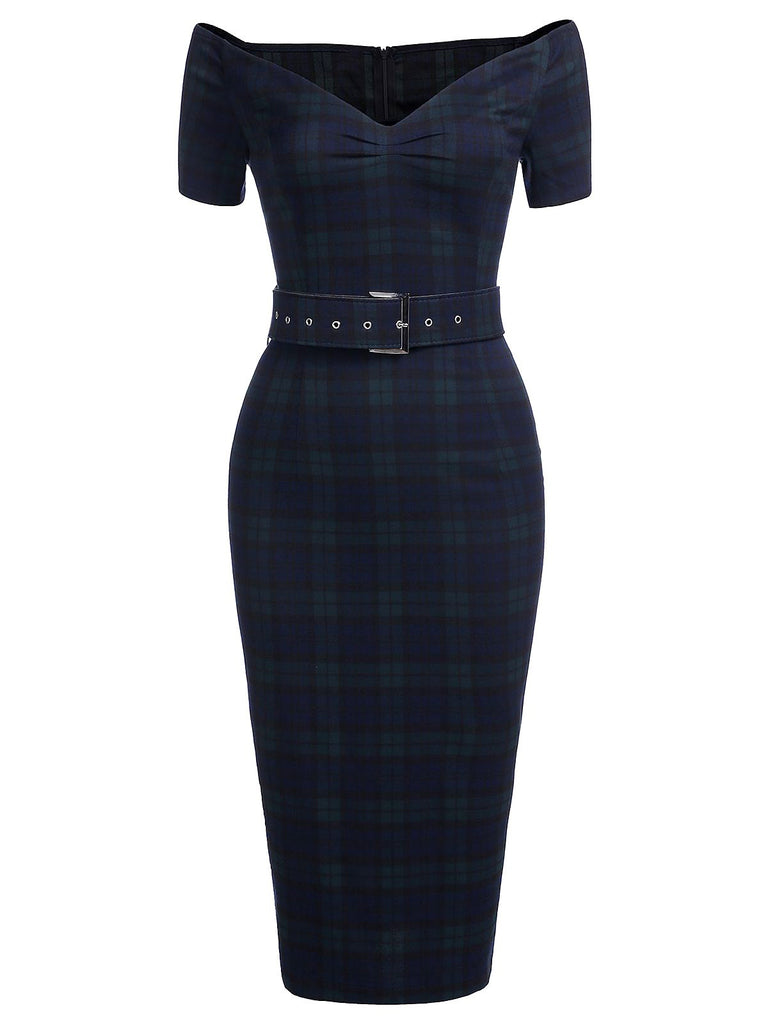 Navy 1960s Plaids Bodycon Dress, classic 1960s style elegant retro fashion - Image 2