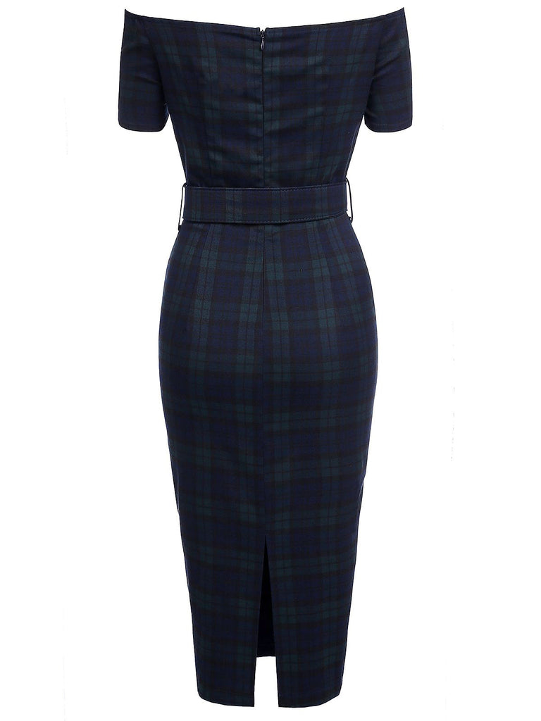 Navy 1960s Plaids Bodycon Dress, classic 1960s style elegant retro fashion - Image 3