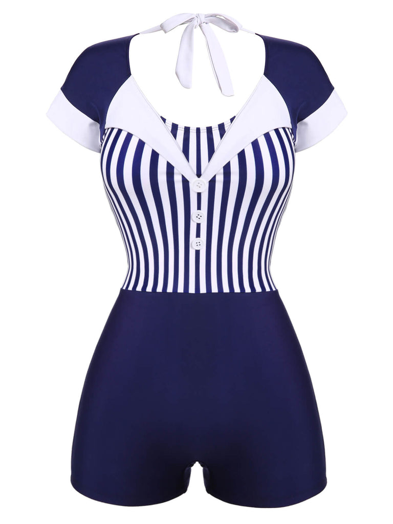 Navy Blue 1930s Stripe Patchwork Swimsuit — vintage elegance for the modern woman