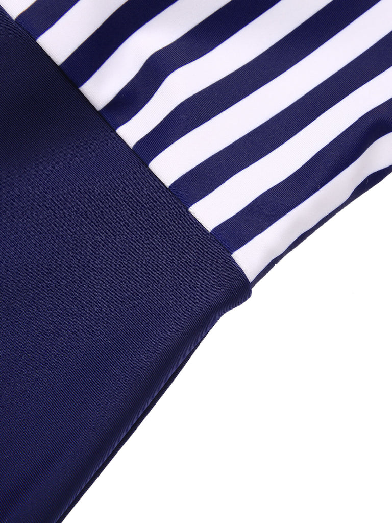 Navy Blue 1930s Stripe Patchwork Swimsuit — vintage elegance for the modern woman