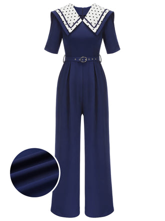 Navy Blue 1950s Dots Lapel Jumpsuit: timeless style reimagined