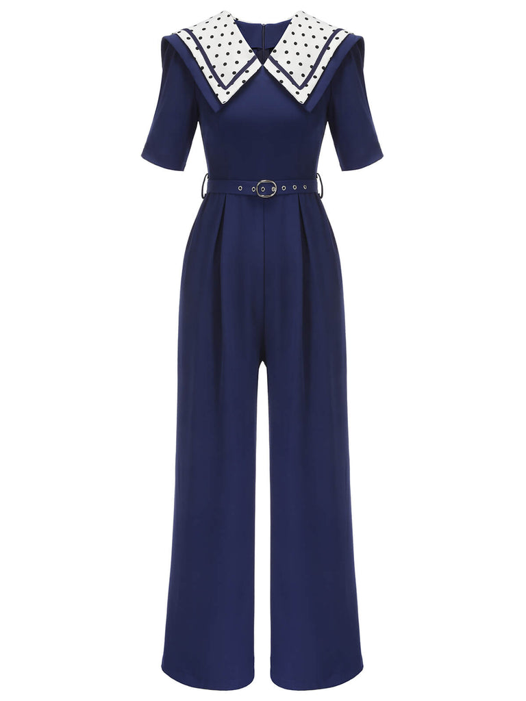 Navy Blue 1950s Dots Lapel Jumpsuit — vintage elegance for the modern woman