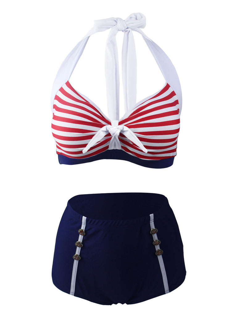 Navy Red Stripe Halter Bikini — vintage elegance for the modern woman