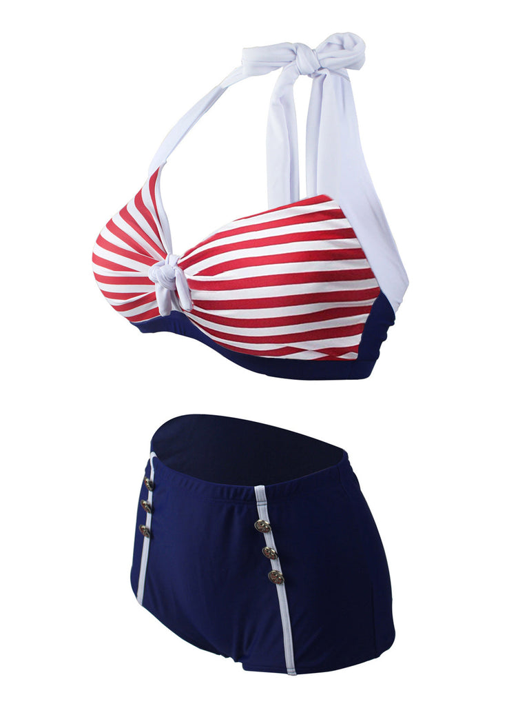 Navy Red Stripe Halter Bikini: timeless style reimagined
