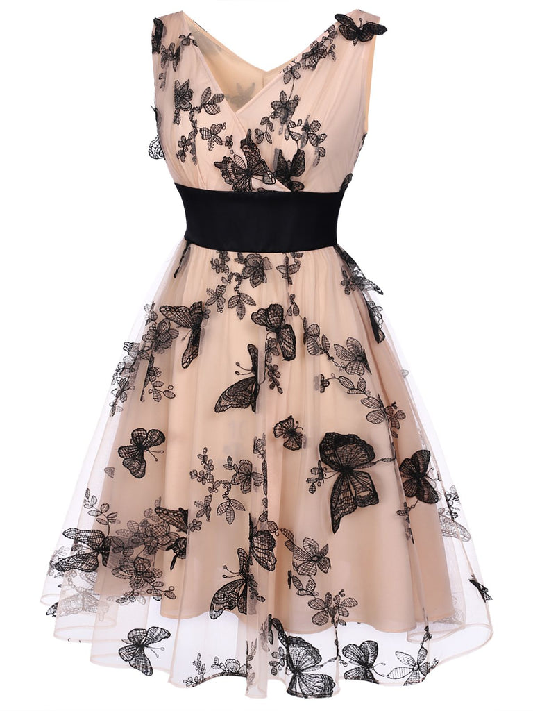 Nude 1950s Lace Butterfly Swing Vintage Dress, classic vintage style elegant retro fashion - Image 3