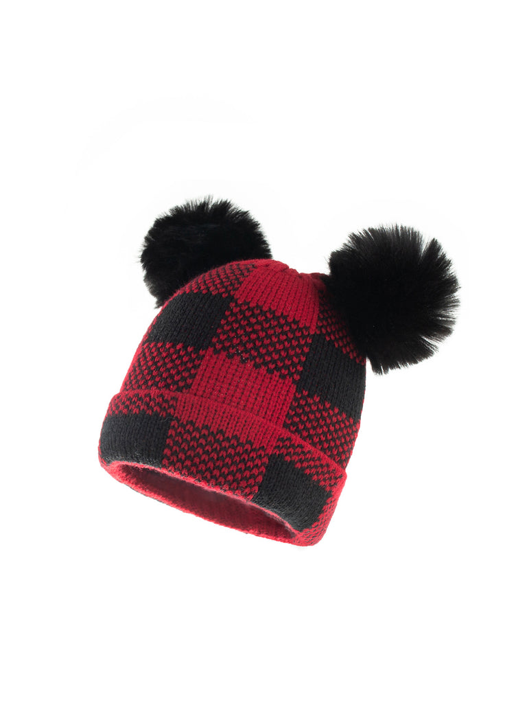 Red & Black Plaid Hairball Knitted Parent Hat