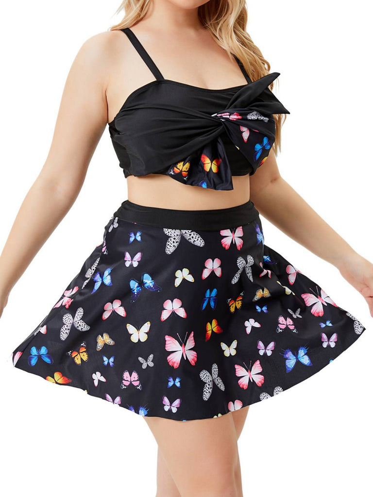 [Plus Size] Black Vintage Butterfly Strap Swimsuit