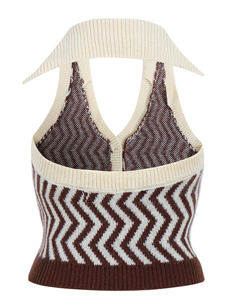 Khaki 1950s Knitting Stripes Halter Button Tops