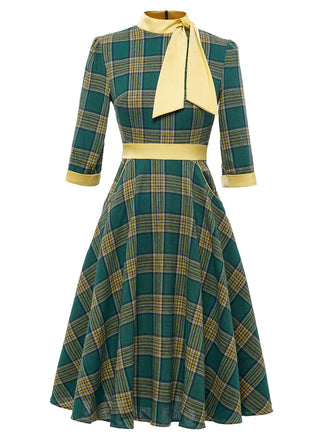 Green 1950s Bowknot Tie Plaid Dress
