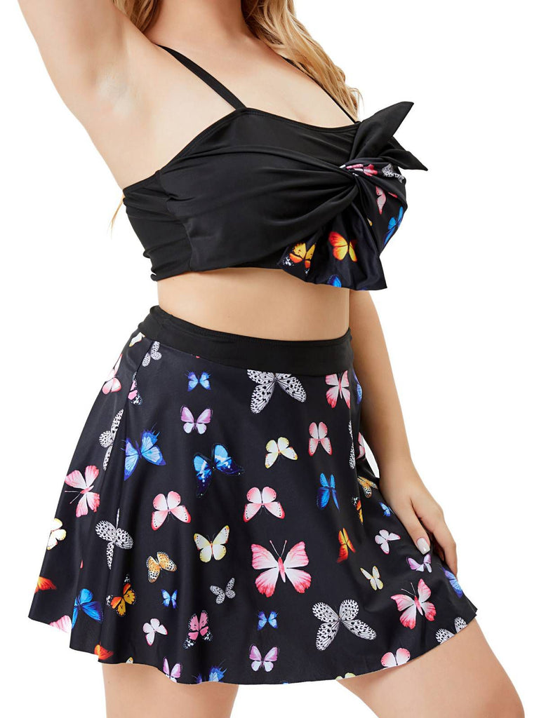 [Plus Size] Black Vintage Butterfly Strap Swimsuit