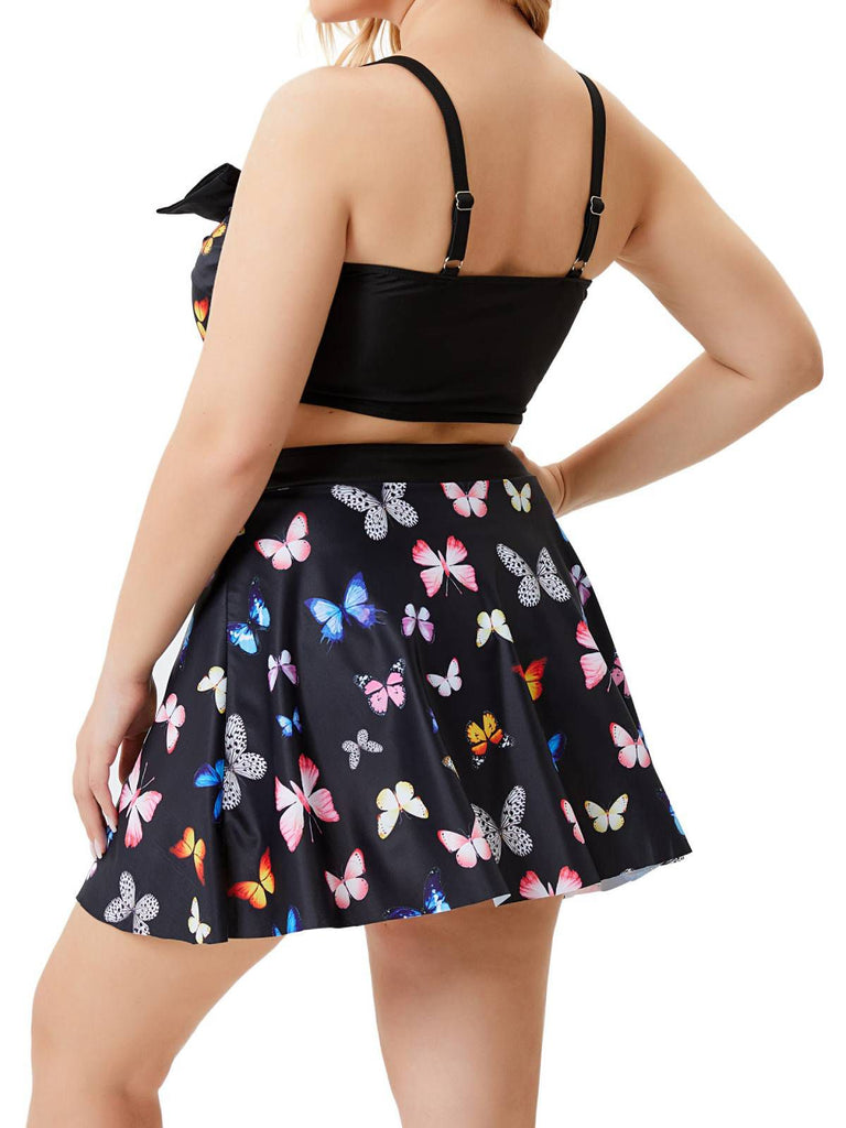 [Plus Size] Black Vintage Butterfly Strap Swimsuit