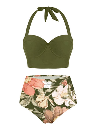 Olive 1950s Lace-Up Halter Flowers Bikini Set - vintage fashion, retro style