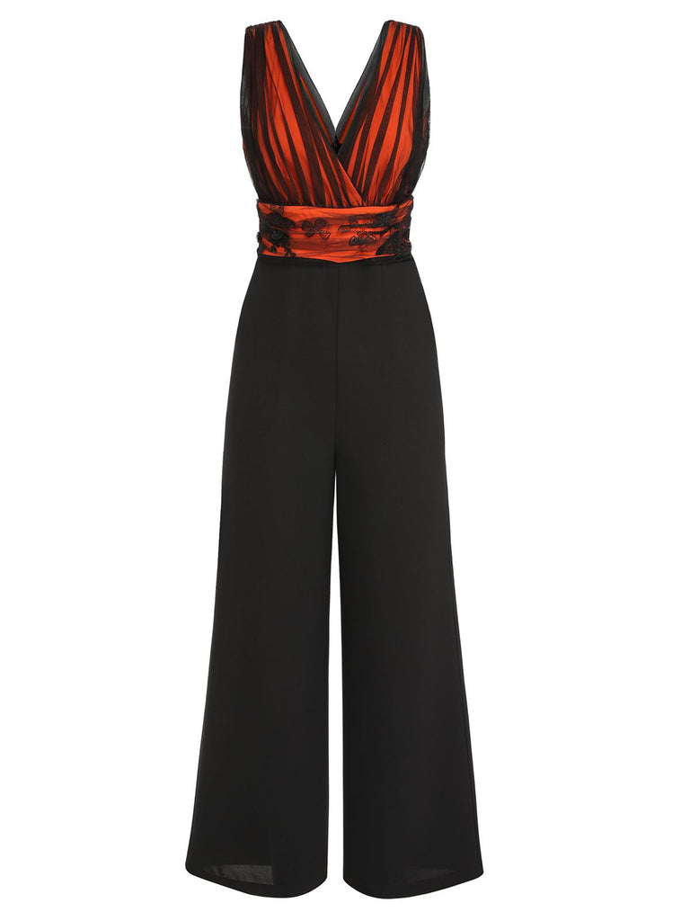 Orange 1930s Butterfly V-Neck Patchwork Jumpsuit, vintage romper, retro jumpsuit - perfect for women who love vintage and retro fashion