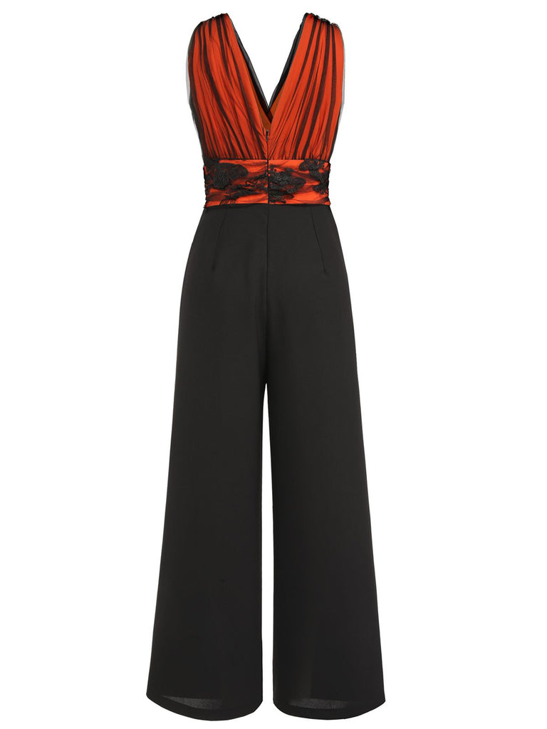 Orange 1930s Butterfly V-Neck Patchwork Jumpsuit, vintage romper, retro jumpsuit - perfect for women who love vintage and retro fashion