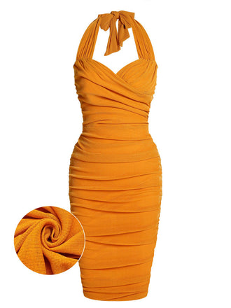 Orange 1960s Solid Folds Halter Pencil Dress, vintage dress, retro fashion - perfect for women who love vintage and retro fashion