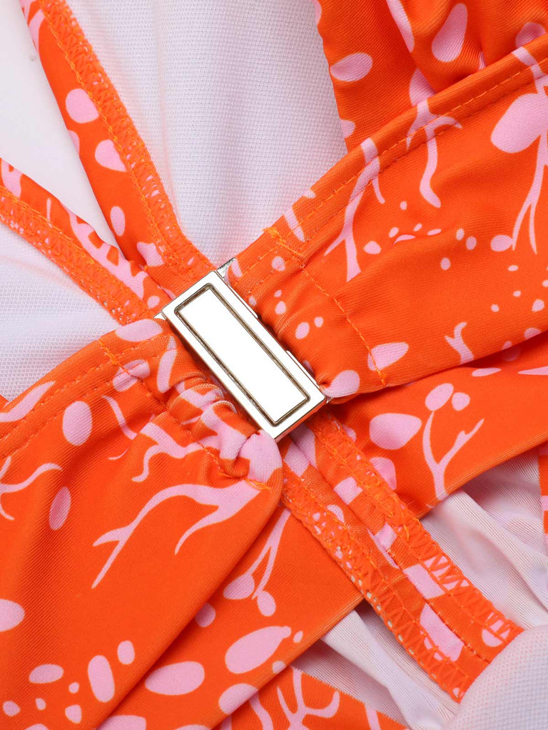 Orange Floral Lace-up One-piece Swimsuit — vintage elegance for the modern woman