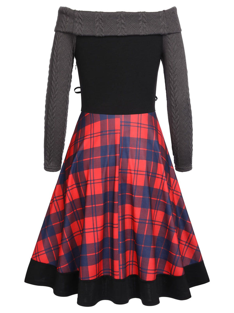 Plaids 1950s Off Shoulder Knitted Dress — vintage elegance for the modern woman