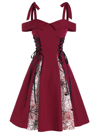 Red 1950s Patchwork Bowknot Lace-up Dress: timeless style reimagined