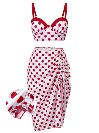 Red 1950s Polka Dot Pleated Swimsuit, vintage swimsuit, pin-up swimwear - perfect for women who love vintage and retro fashion