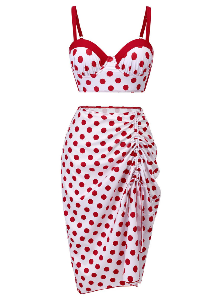 Red 1950s Polka Dot Pleated Swimsuit, vintage swimsuit, pin-up swimwear - perfect for women who love vintage and retro fashion