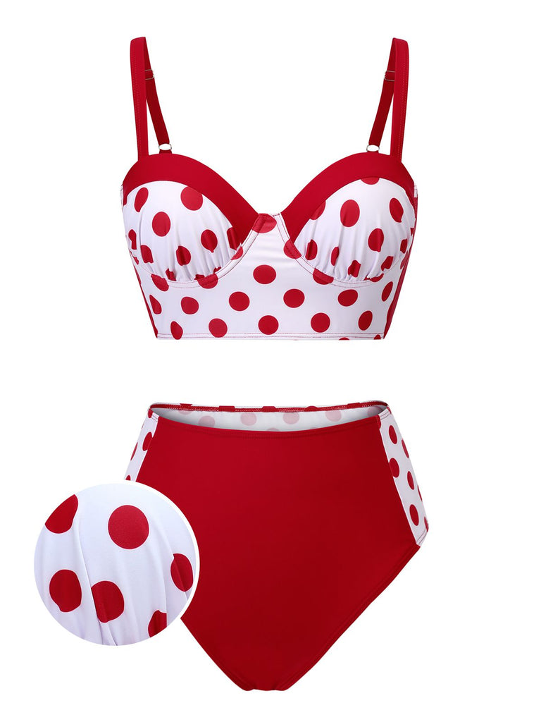 Red 1950s Polka Dot Pleated Swimsuit, vintage swimsuit, pin-up swimwear - perfect for women who love vintage and retro fashion