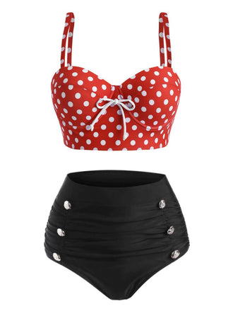 Red 1950s Strap Polka Dot Bikini Set - vintage fashion, retro style, elegant red