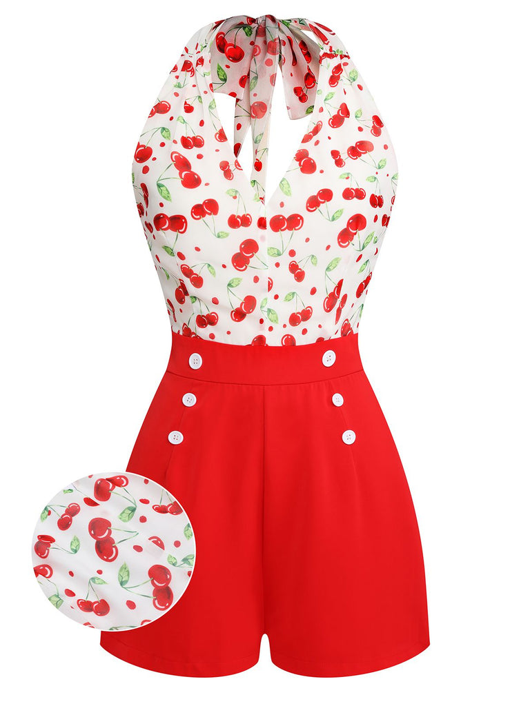 Red Cherry V-Neck Halter Lace-Up Romper — vintage elegance for the modern woman
