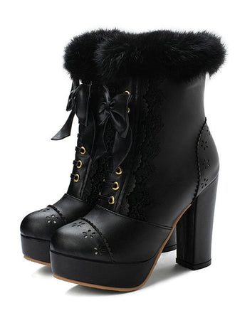 Retro Furry Bowknot Chunky Heel Snow Boots: timeless style reimagined
