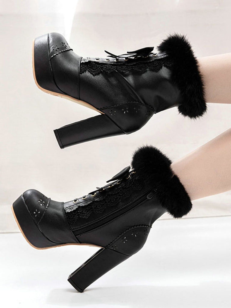 Retro Furry Bowknot Chunky Heel Snow Boots — vintage elegance for the modern woman