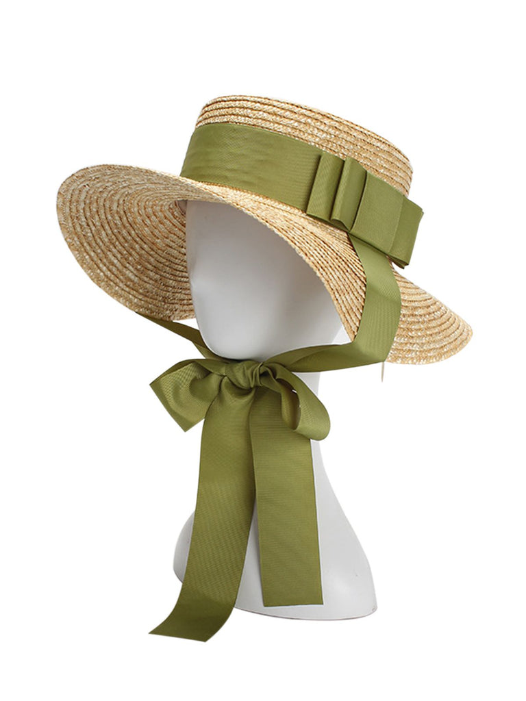 Retro Green Ribbon Raffia Sun Hat - vintage fashion, retro style