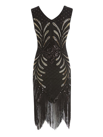 Black 1920s Sequin Fringed Gatsby Dress
