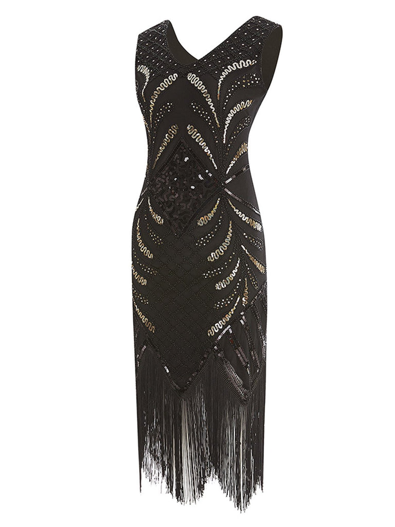 Black 1920s Sequin Fringed Gatsby Dress