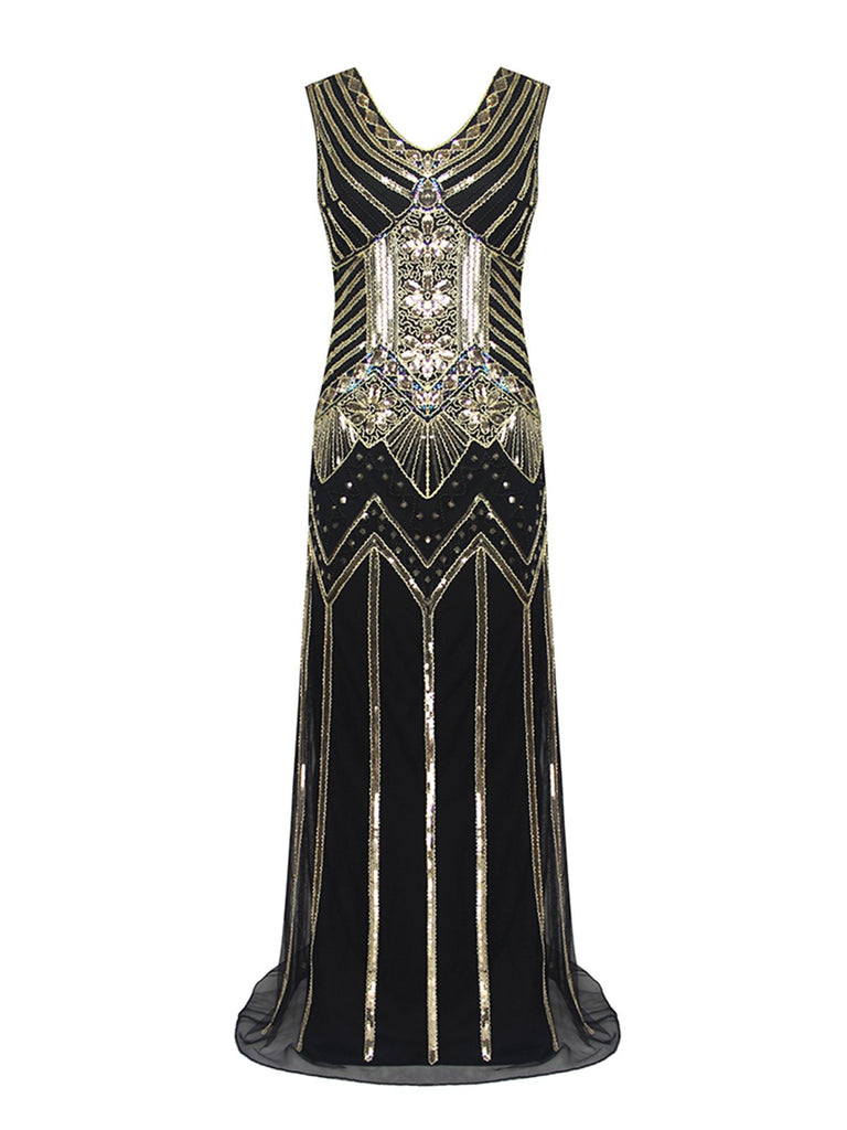 [US Warehouse] Black 1920s Sequin Flapper Maxi Dress