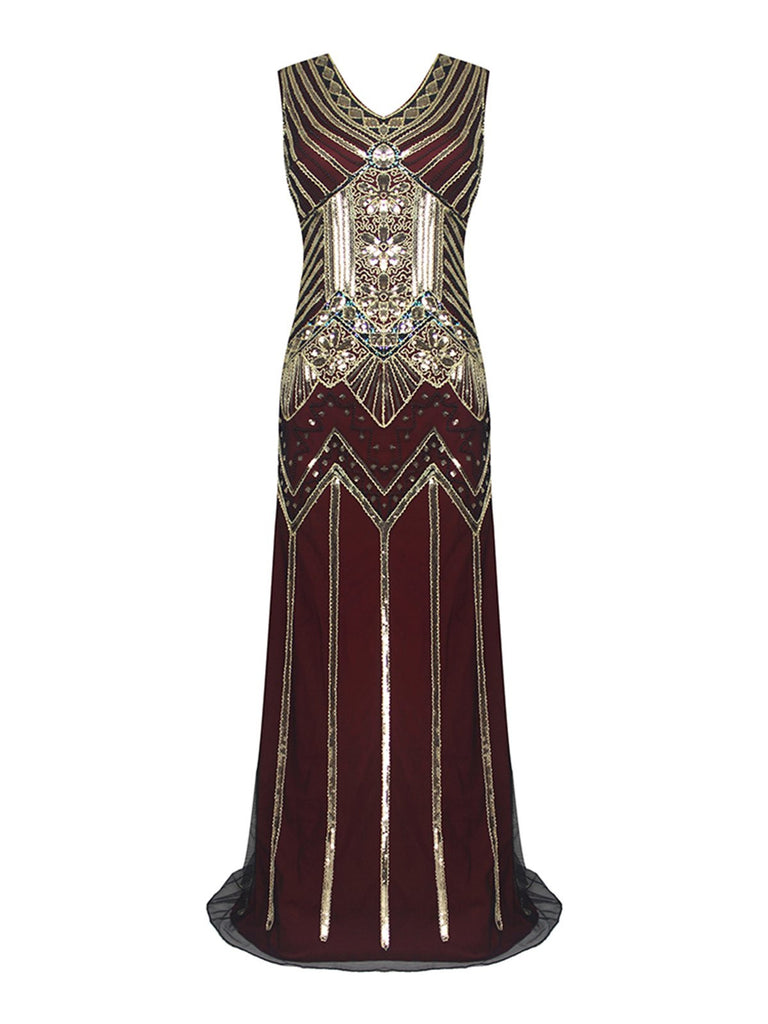 [US Warehouse] Wine Red 1920s Sequin Flapper Maxi Dress