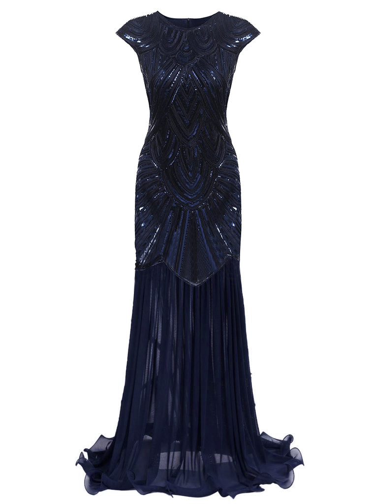 [US Warehouse] Blue 1920s Embroidery Sequin Maxi Dress