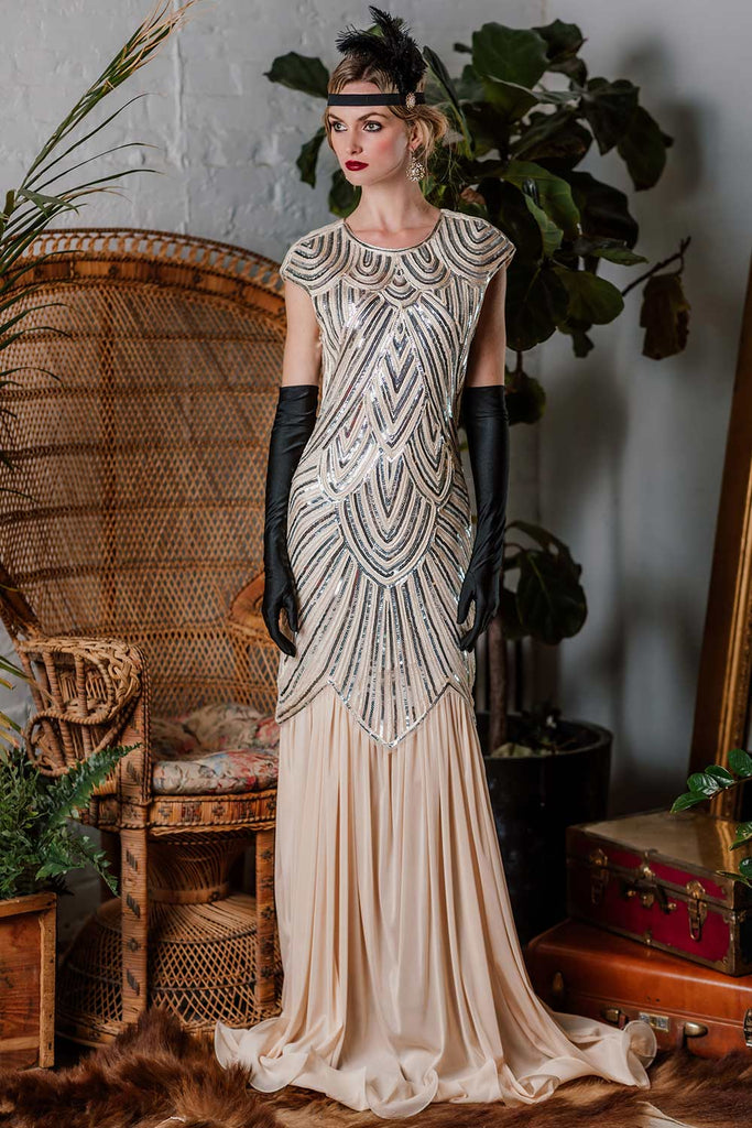 [US Warehouse] Pink 1920s Embroidery Sequin Maxi Dress