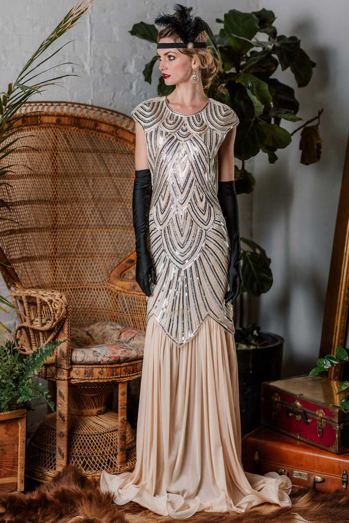 [US Warehouse] Pink 1920s Embroidery Sequin Maxi Dress