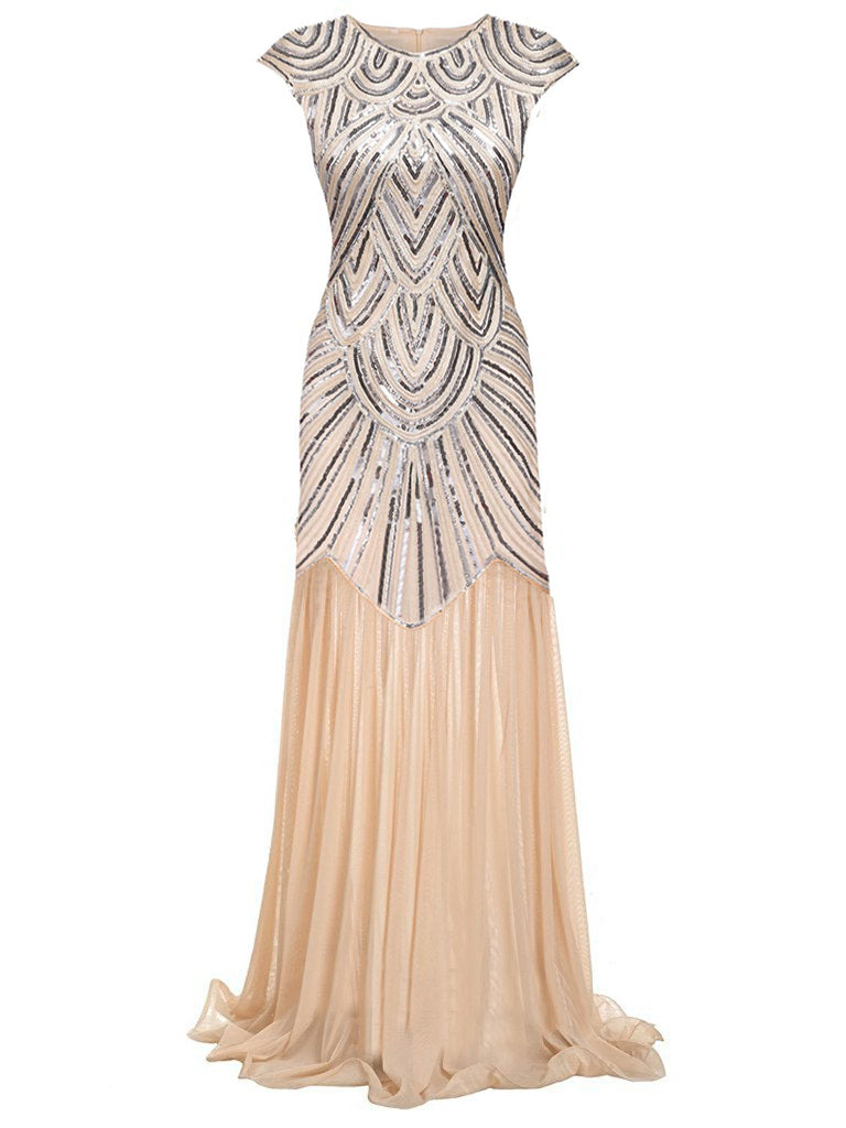 [US Warehouse] Pink 1920s Embroidery Sequin Maxi Dress