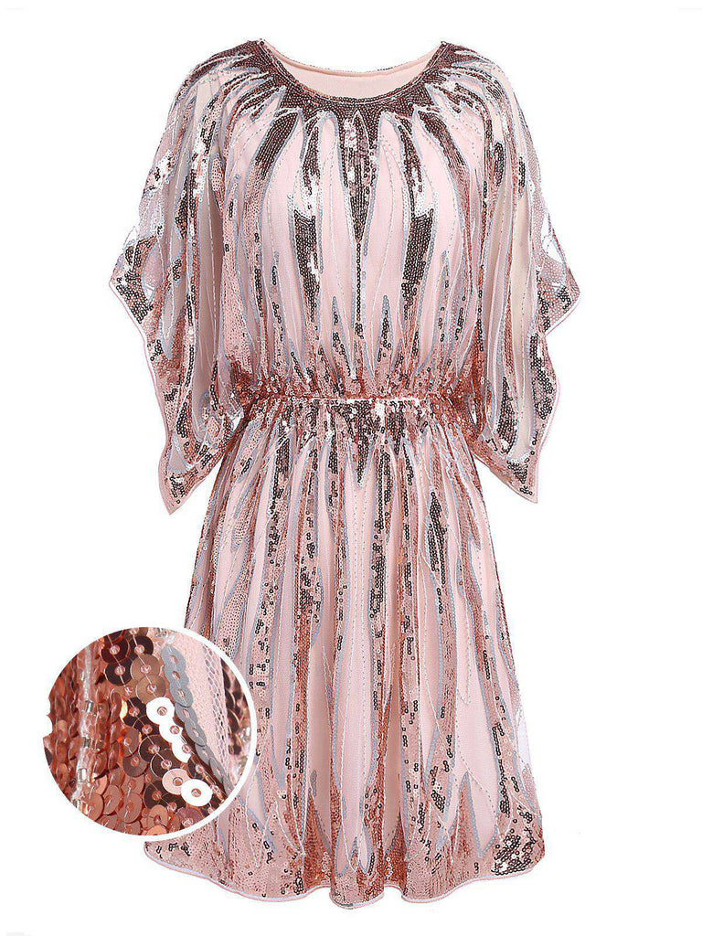 Pink 1920s Sequined Flare Sleeve Dress