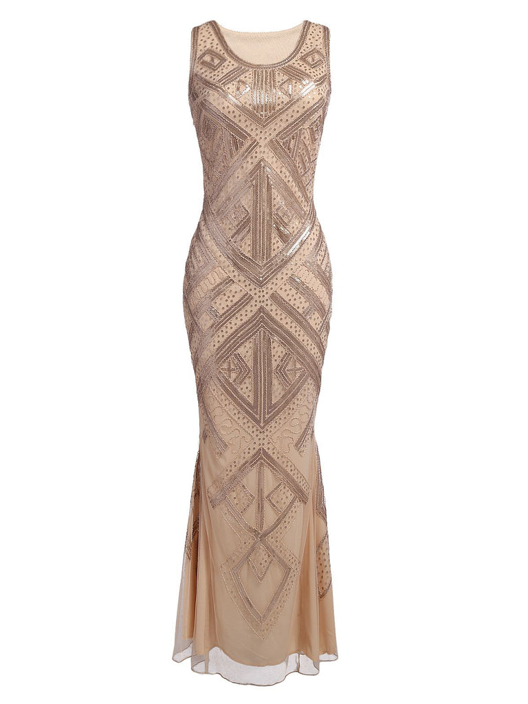 [US Warehouse] Beige 1920s Sequined Maxi Dress