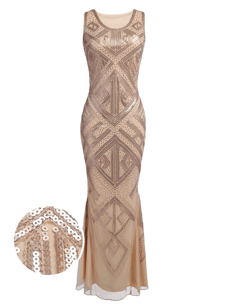 [US Warehouse] Beige 1920s Sequined Maxi Dress