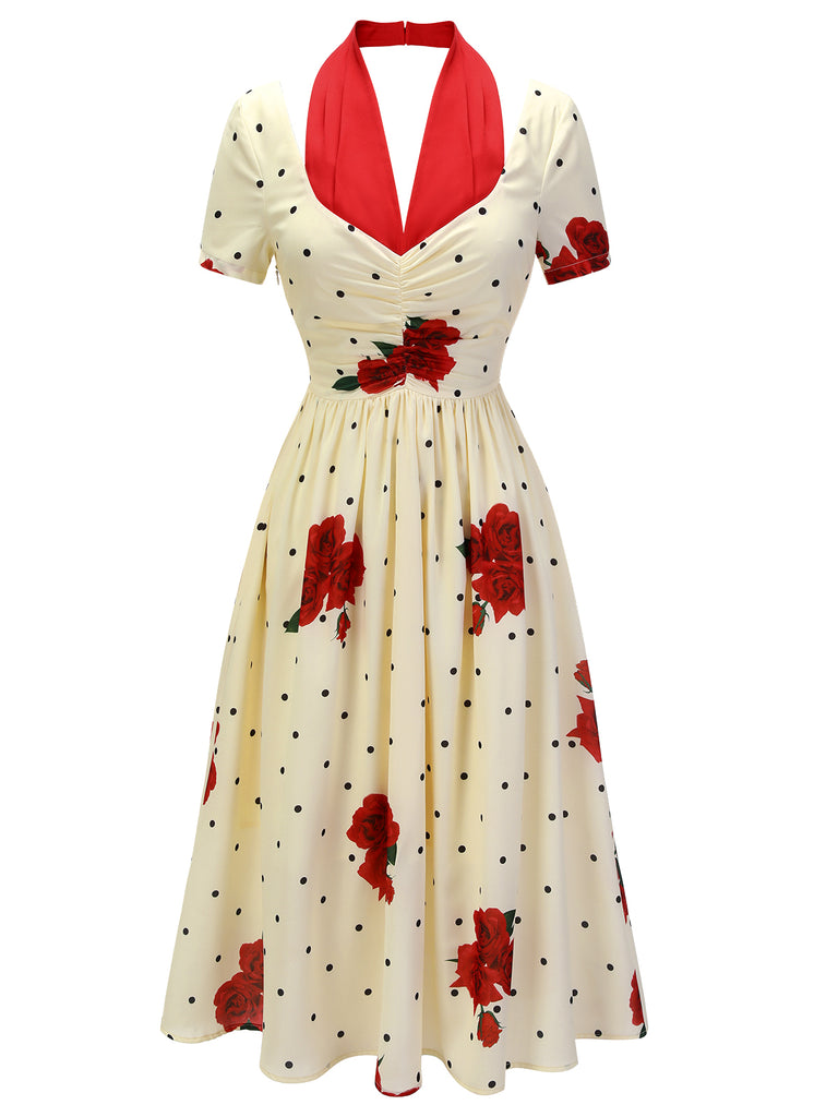 [Pre-Sale] Beige 1930s Polka Dot Rose Patchwork Dress