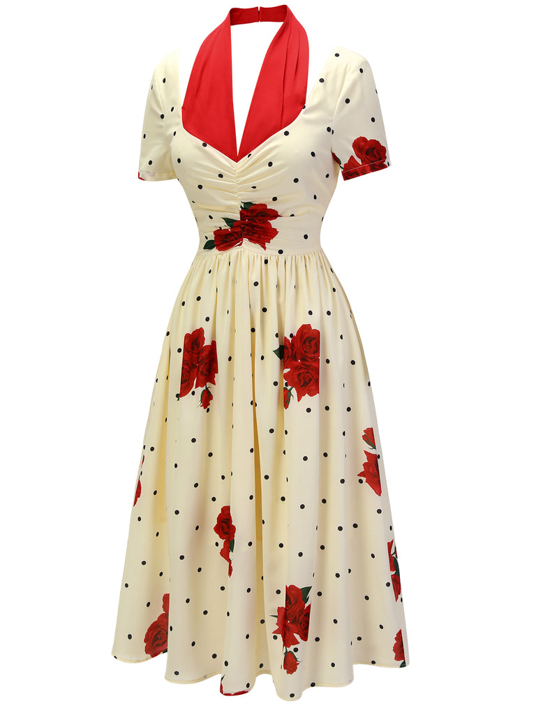 [Pre-Sale] Beige 1930s Polka Dot Rose Patchwork Dress