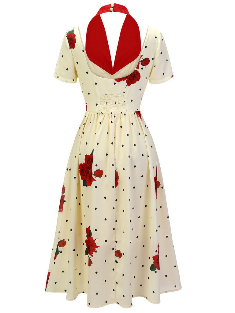 Beige 1930s Polka Dot Rose Patchwork Dress