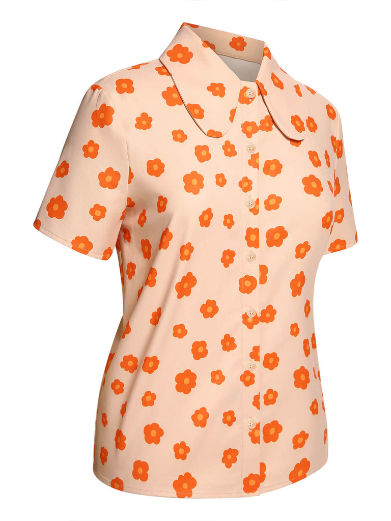 Orange 1960s Floral Short Sleeves Shirt