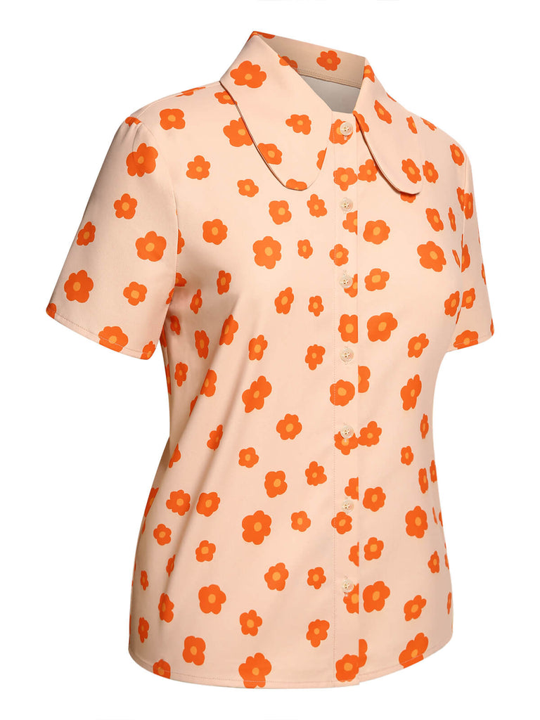 2PCS Orange 1960s Floral Shirt & Skirt