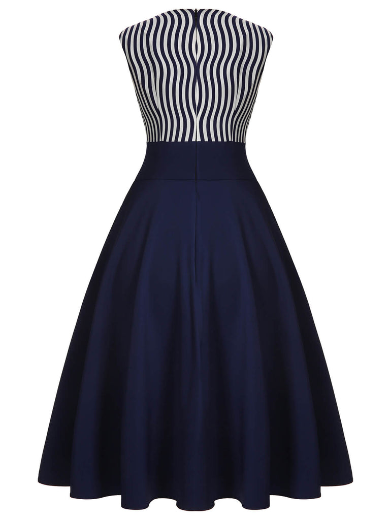 Navy Blue 1950s Striped Patchwork Dress