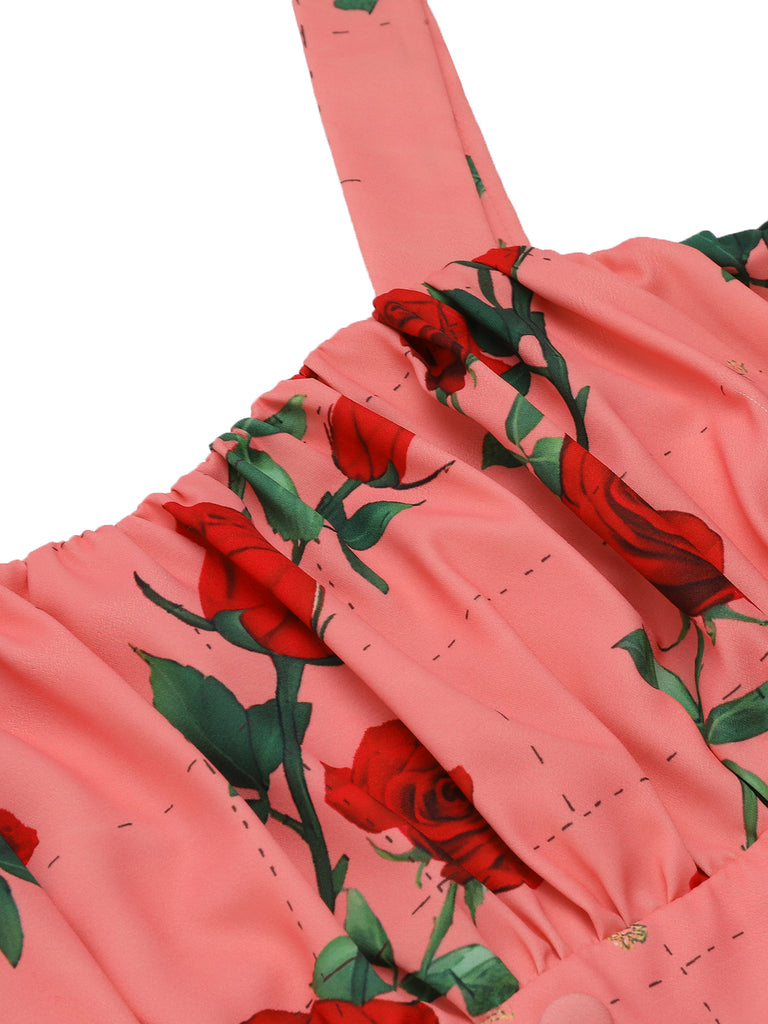 High Waist Suspenders Rose Dress