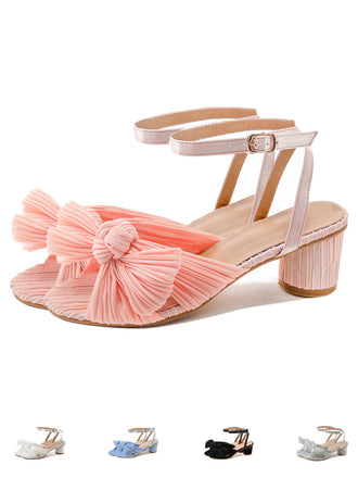 Pleated Chiffon Bowknot Chunky Heels Sandals